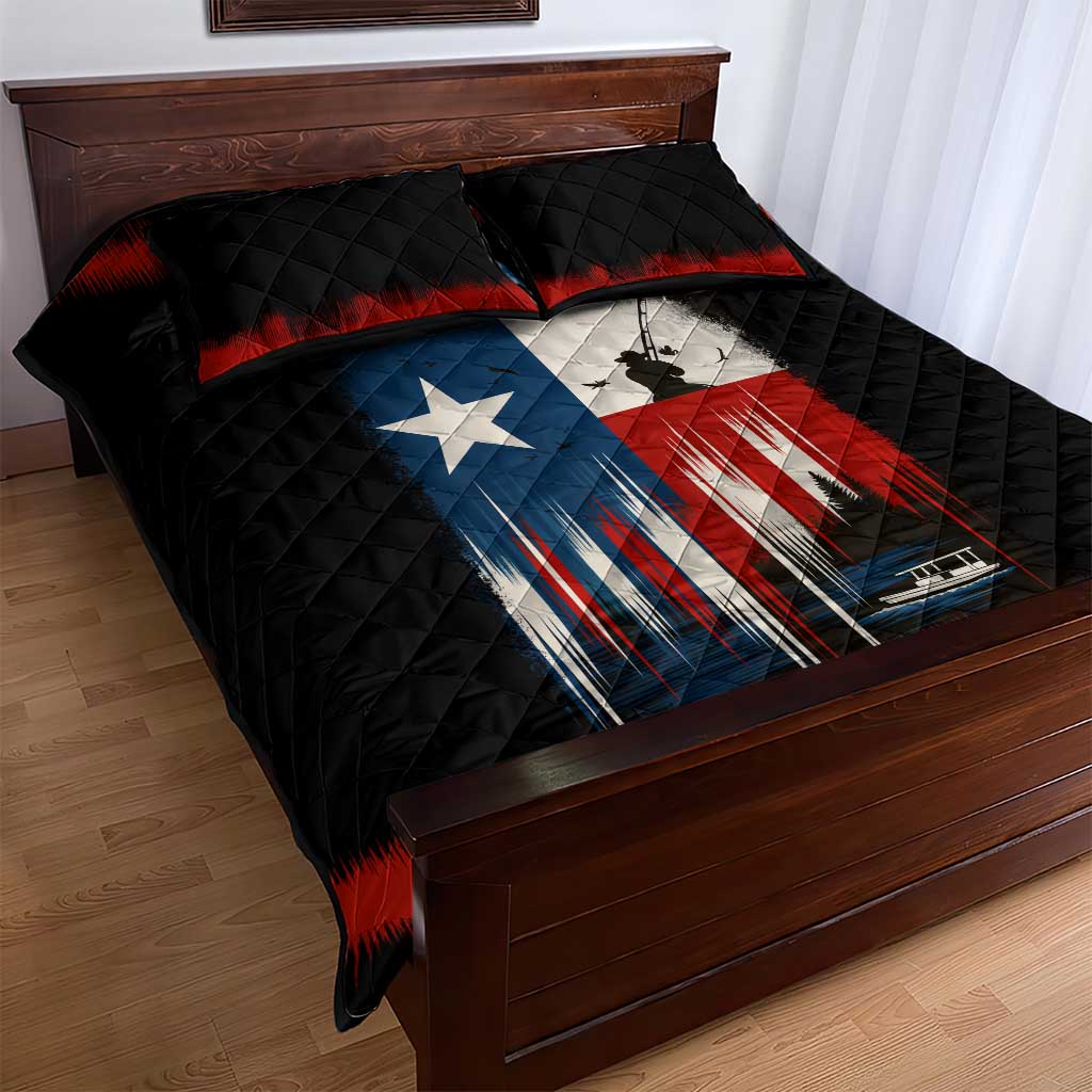 Texas Flag Fishing Quilt Bed Set with Silhouette Fisherman and Rustic Lake Scene in Red White Blue - Wonder Print Shop