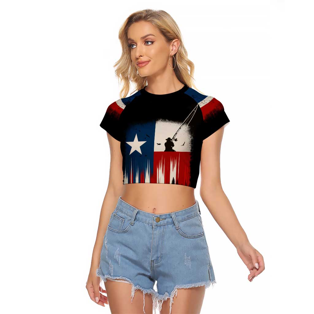 Texas Flag Fishing Raglan Cropped T Shirt with Silhouette Fisherman and Rustic Lake Scene in Red White Blue - Wonder Print Shop