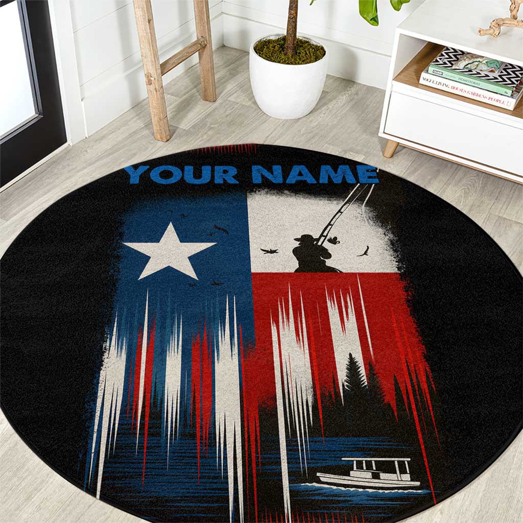 Texas Flag Fishing Round Carpet with Silhouette Fisherman and Rustic Lake Scene in Red White Blue - Wonder Print Shop