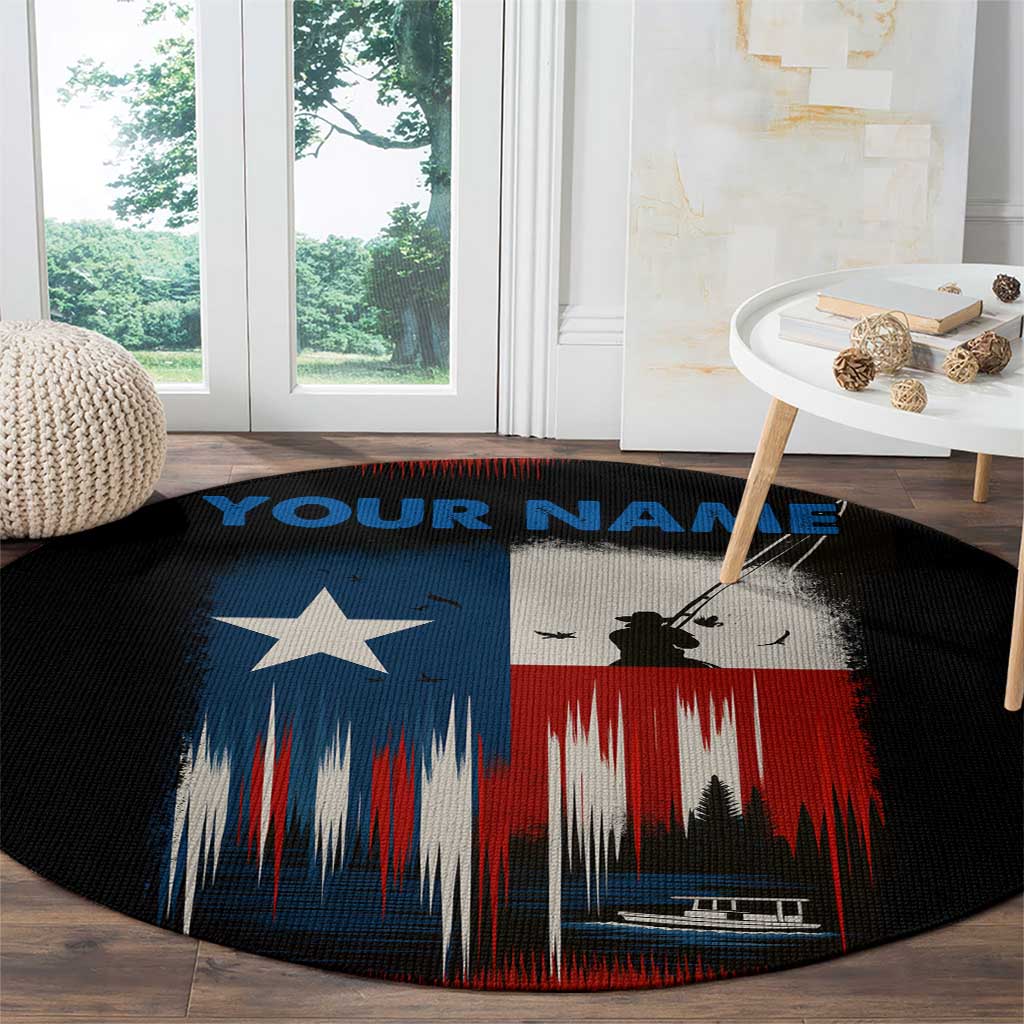 Texas Flag Fishing Round Carpet with Silhouette Fisherman and Rustic Lake Scene in Red White Blue - Wonder Print Shop