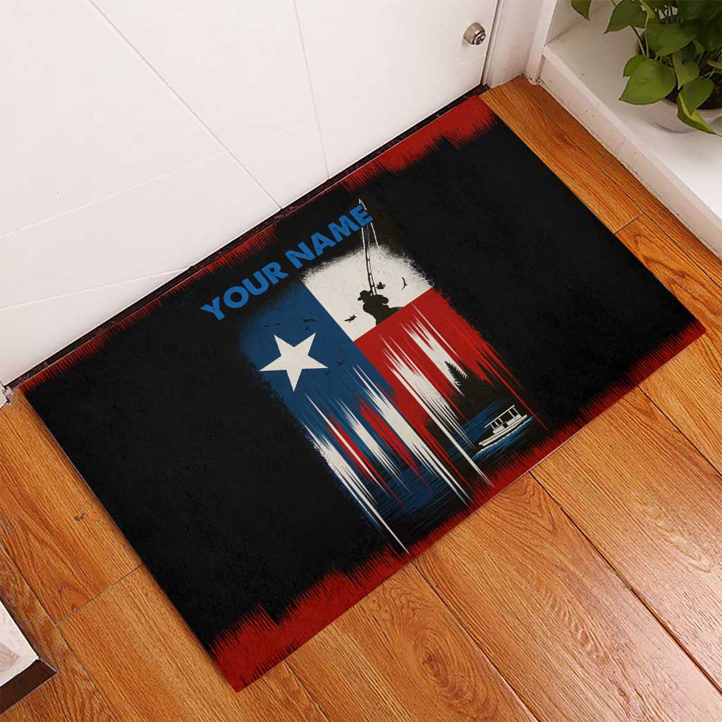 Texas Flag Fishing Rubber Doormat with Silhouette Fisherman and Rustic Lake Scene in Red White Blue - Wonder Print Shop