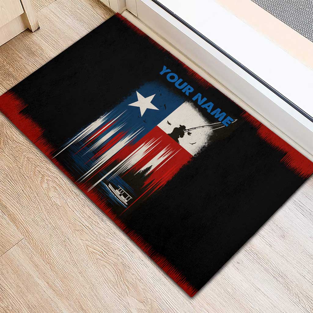 Texas Flag Fishing Rubber Doormat with Silhouette Fisherman and Rustic Lake Scene in Red White Blue - Wonder Print Shop