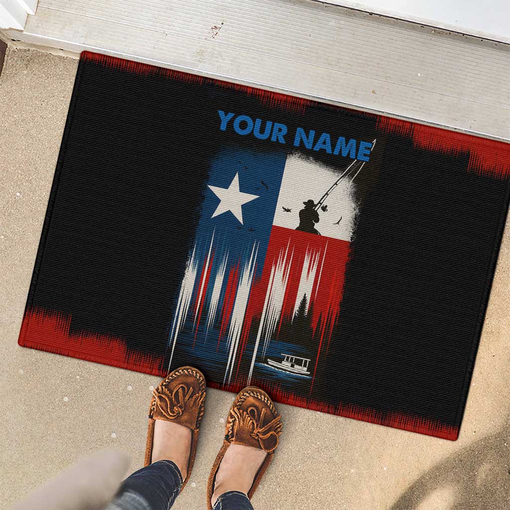 Texas Flag Fishing Rubber Doormat with Silhouette Fisherman and Rustic Lake Scene in Red White Blue - Wonder Print Shop