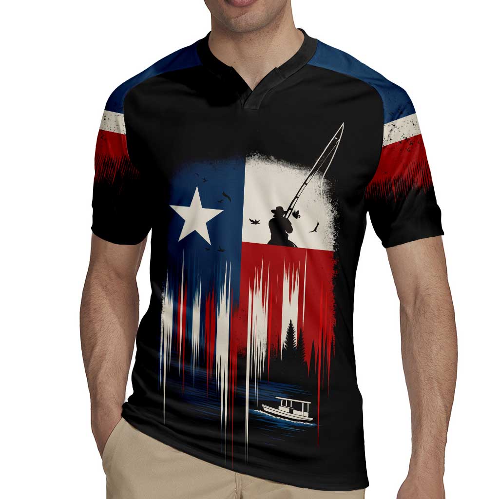 Texas Flag Fishing Rugby Jersey with Silhouette Fisherman and Rustic Lake Scene in Red White Blue - Wonder Print Shop