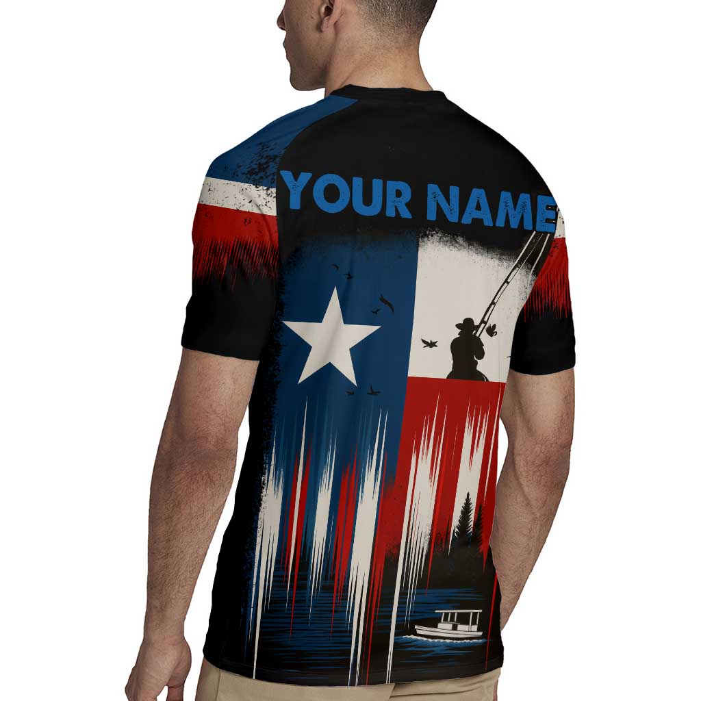 Texas Flag Fishing Rugby Jersey with Silhouette Fisherman and Rustic Lake Scene in Red White Blue - Wonder Print Shop