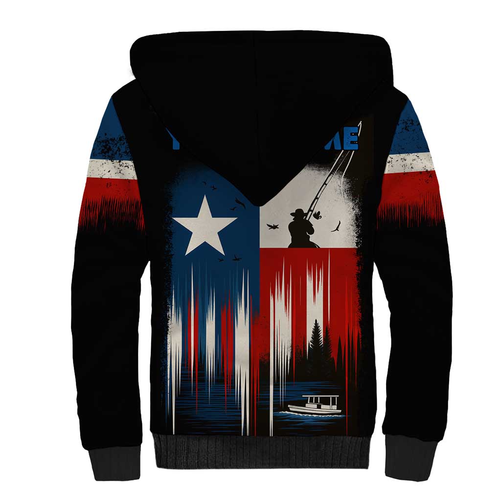 Texas Flag Fishing Sherpa Hoodie with Silhouette Fisherman and Rustic Lake Scene in Red White Blue - Wonder Print Shop