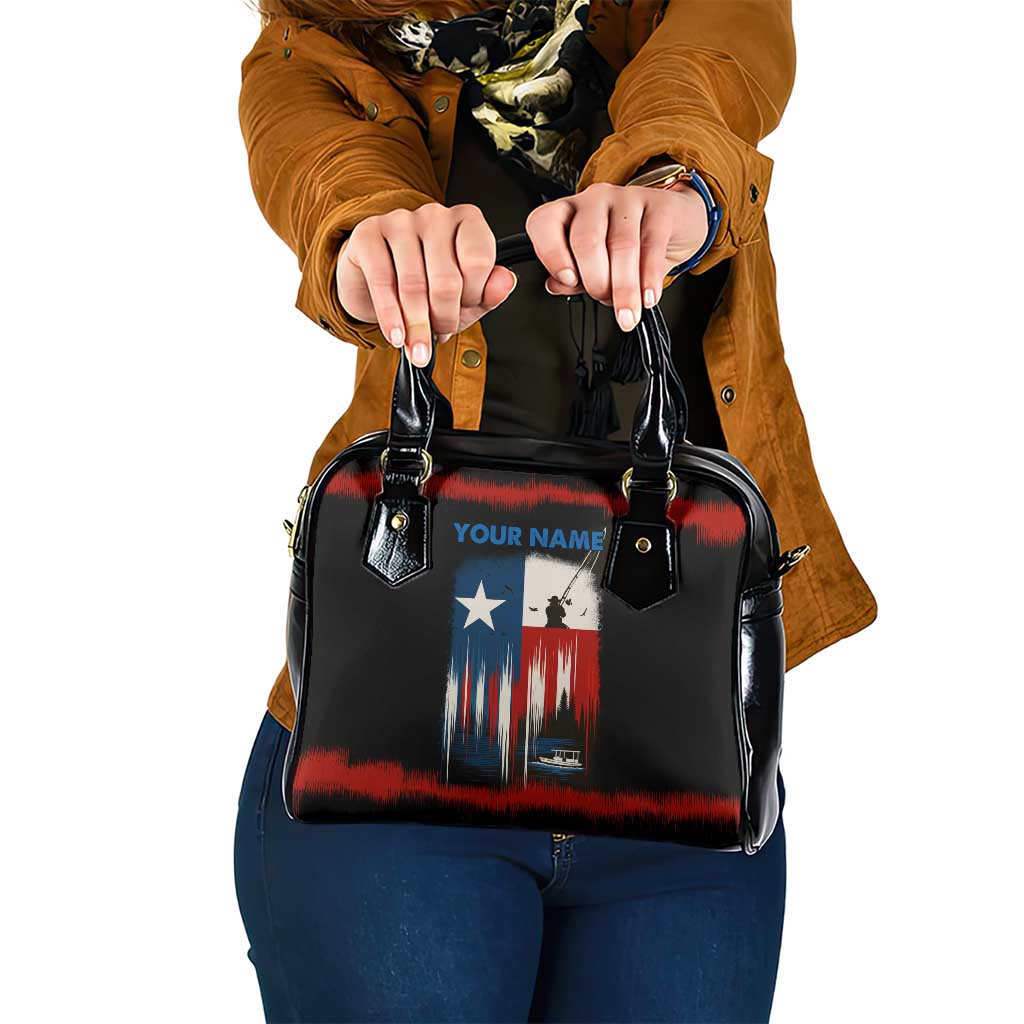 Texas Flag Fishing Shoulder Handbag with Silhouette Fisherman and Rustic Lake Scene in Red White Blue - Wonder Print Shop