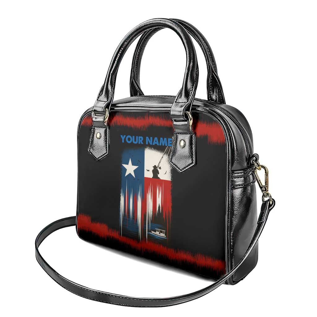 Texas Flag Fishing Shoulder Handbag with Silhouette Fisherman and Rustic Lake Scene in Red White Blue - Wonder Print Shop