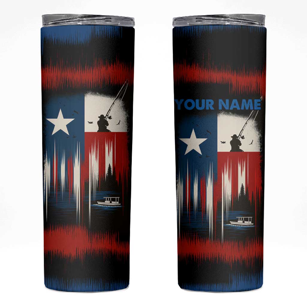 Texas Flag Fishing Skinny Tumbler with Silhouette Fisherman and Rustic Lake Scene in Red White Blue - Wonder Print Shop