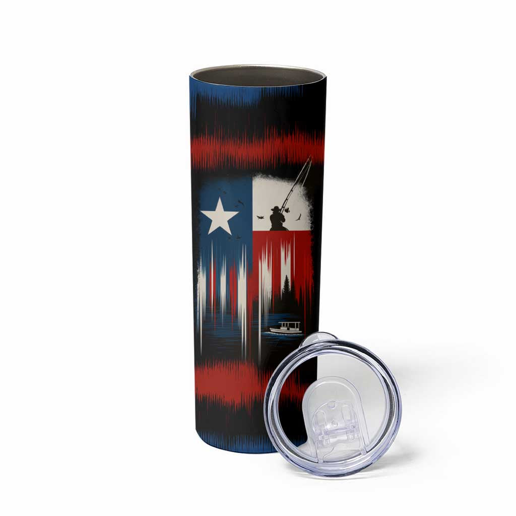 Texas Flag Fishing Skinny Tumbler with Silhouette Fisherman and Rustic Lake Scene in Red White Blue - Wonder Print Shop