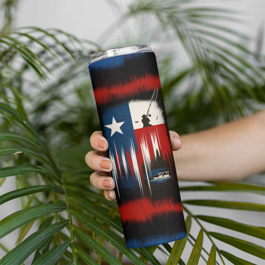 Texas Flag Fishing Skinny Tumbler with Silhouette Fisherman and Rustic Lake Scene in Red White Blue - Wonder Print Shop