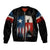 Texas Flag Fishing Sleeve Zip Bomber Jacket with Silhouette Fisherman and Rustic Lake Scene in Red White Blue - Wonder Print Shop