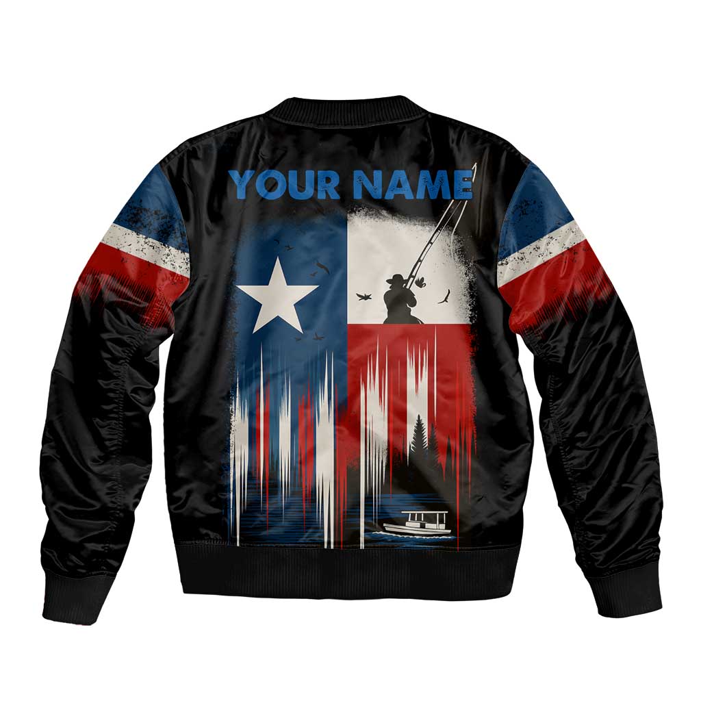 Texas Flag Fishing Sleeve Zip Bomber Jacket with Silhouette Fisherman and Rustic Lake Scene in Red White Blue - Wonder Print Shop