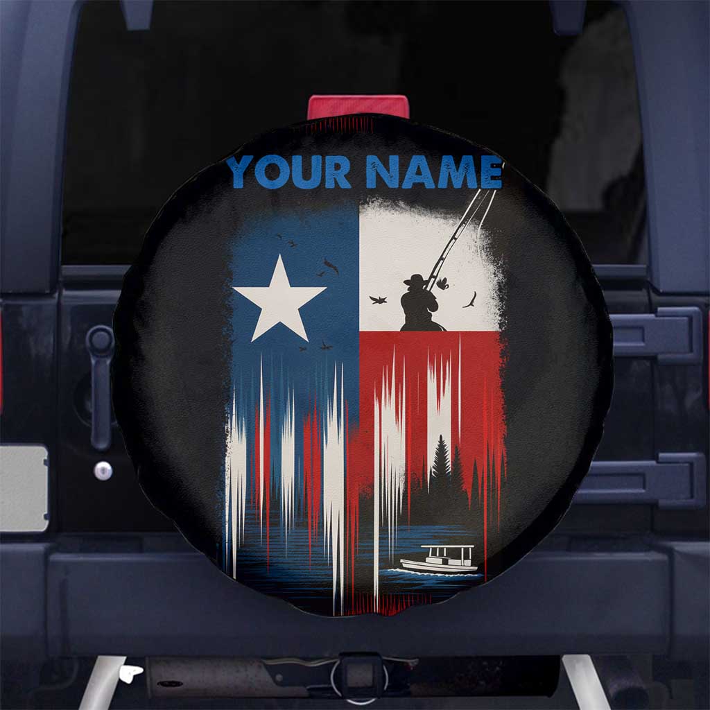 Texas Flag Fishing Spare Tire Cover with Silhouette Fisherman and Rustic Lake Scene in Red White Blue - Wonder Print Shop