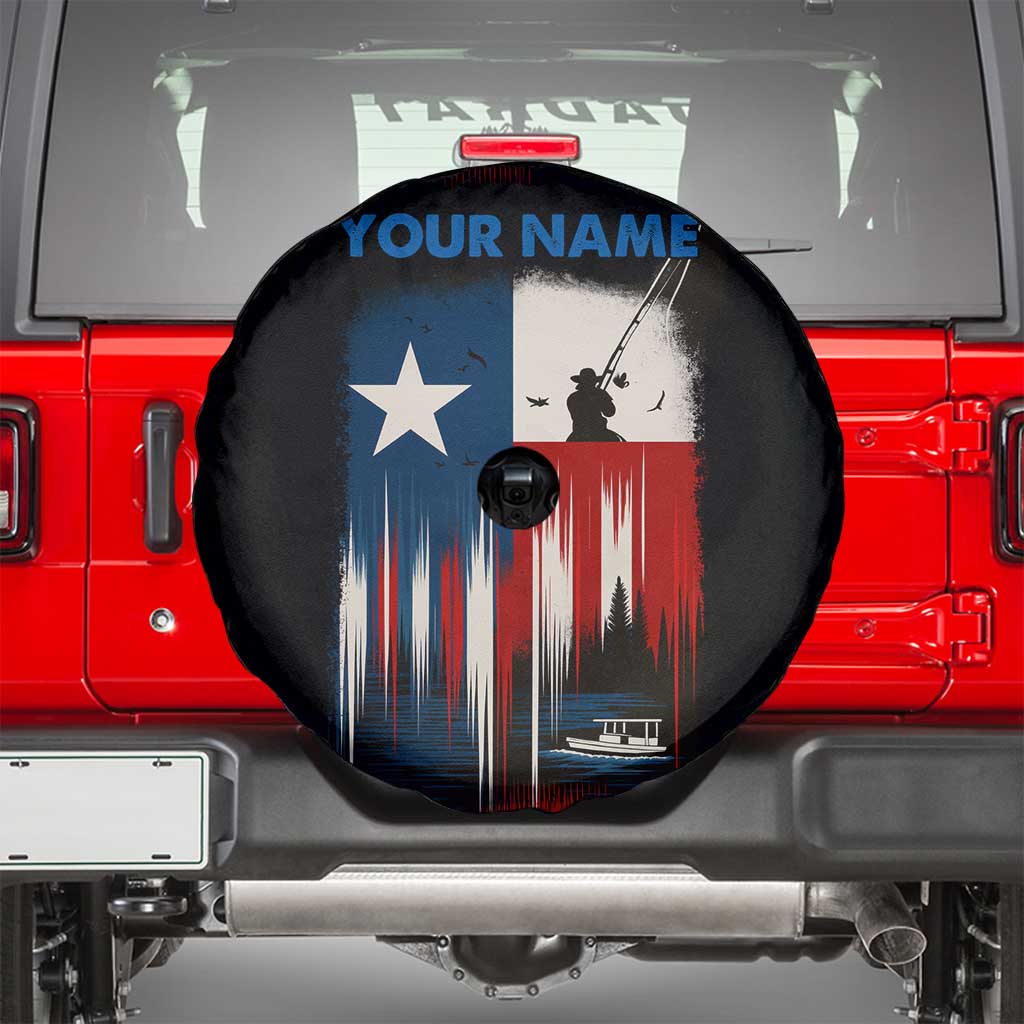 Texas Flag Fishing Spare Tire Cover with Silhouette Fisherman and Rustic Lake Scene in Red White Blue - Wonder Print Shop