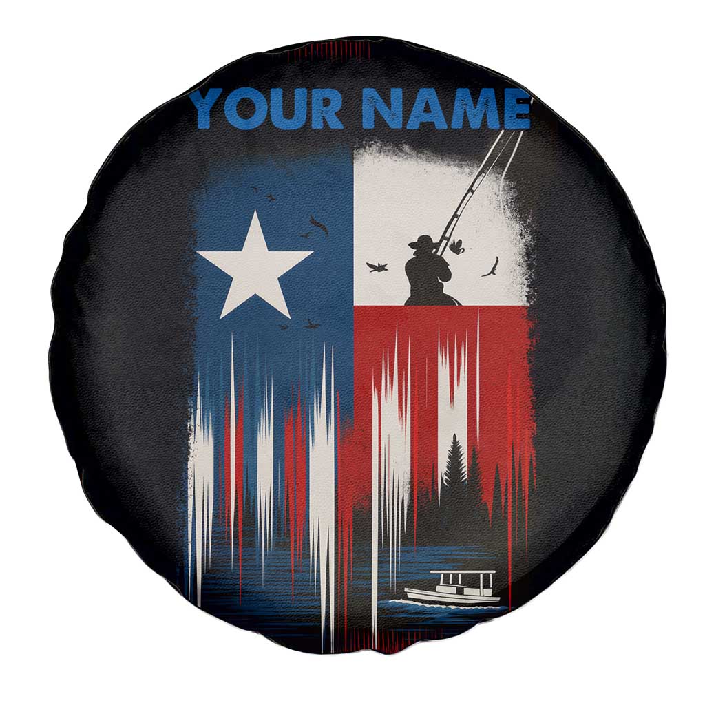Texas Flag Fishing Spare Tire Cover with Silhouette Fisherman and Rustic Lake Scene in Red White Blue - Wonder Print Shop