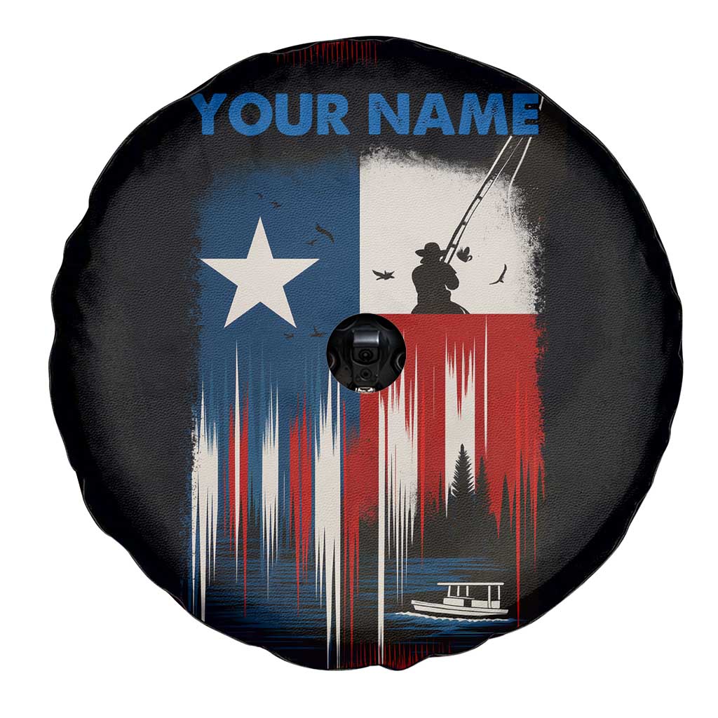 Texas Flag Fishing Spare Tire Cover with Silhouette Fisherman and Rustic Lake Scene in Red White Blue - Wonder Print Shop