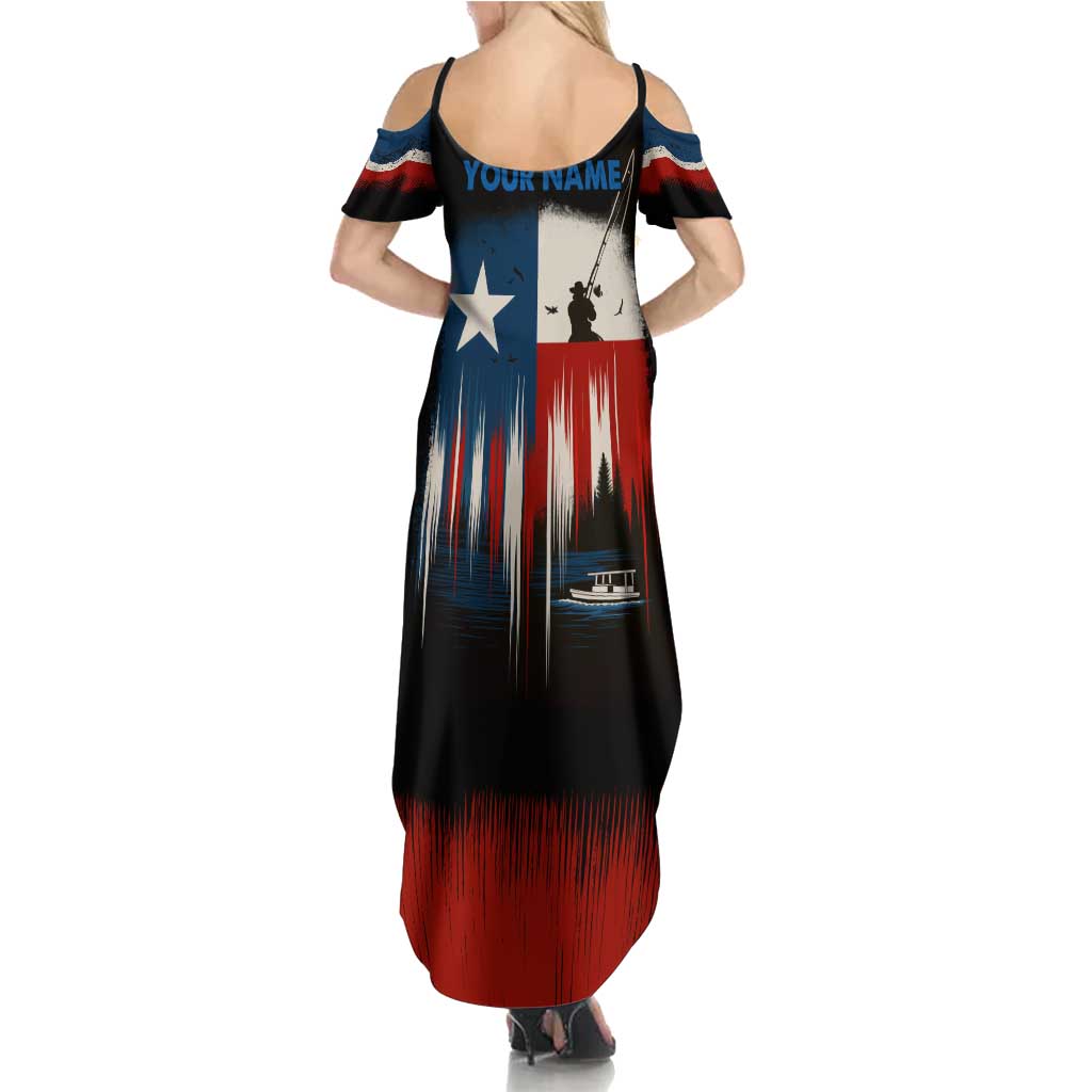 Texas Flag Fishing Summer Maxi Dress with Silhouette Fisherman and Rustic Lake Scene in Red White Blue - Wonder Print Shop