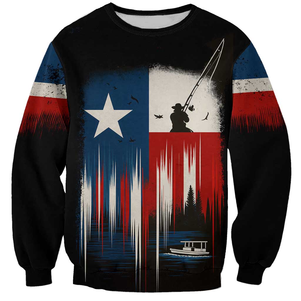 Texas Flag Fishing Sweatshirt with Silhouette Fisherman and Rustic Lake Scene in Red White Blue - Wonder Print Shop
