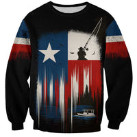 Texas Flag Fishing Sweatshirt with Silhouette Fisherman and Rustic Lake Scene in Red White Blue - Wonder Print Shop