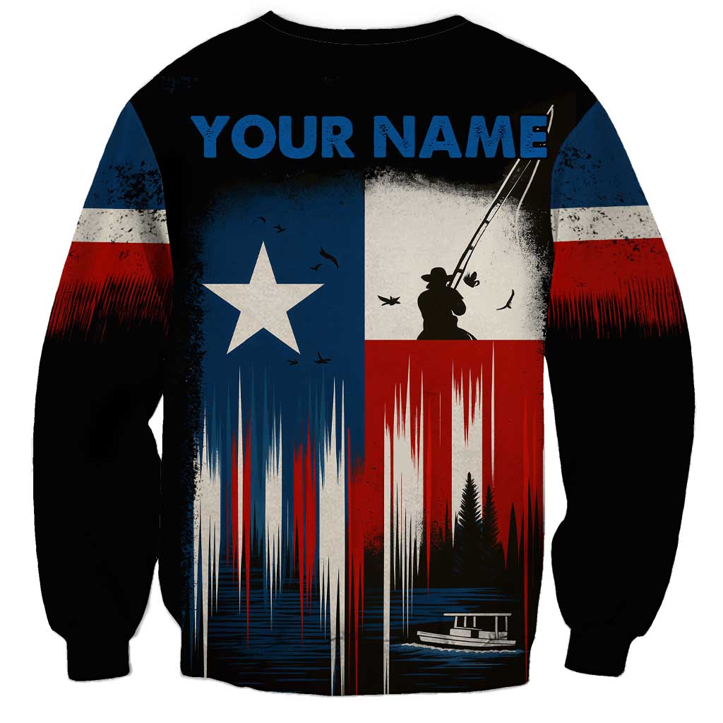 Texas Flag Fishing Sweatshirt with Silhouette Fisherman and Rustic Lake Scene in Red White Blue - Wonder Print Shop