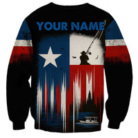Texas Flag Fishing Sweatshirt with Silhouette Fisherman and Rustic Lake Scene in Red White Blue - Wonder Print Shop