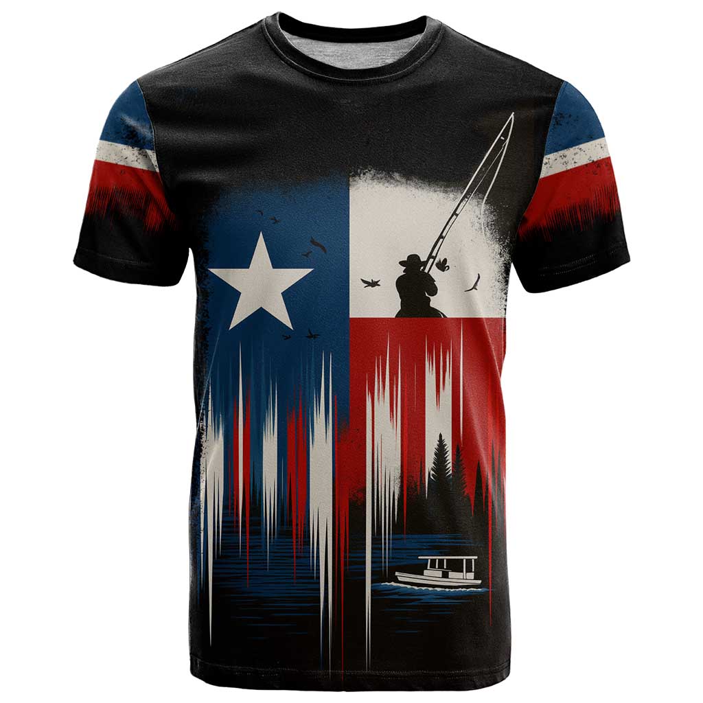 Texas Flag Fishing T Shirt with Silhouette Fisherman and Rustic Lake Scene in Red White Blue - Wonder Print Shop