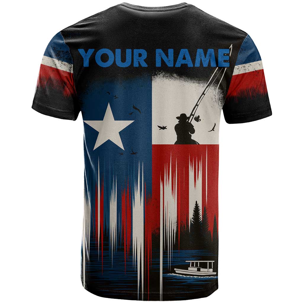 Texas Flag Fishing T Shirt with Silhouette Fisherman and Rustic Lake Scene in Red White Blue - Wonder Print Shop