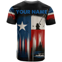 Texas Flag Fishing T Shirt with Silhouette Fisherman and Rustic Lake Scene in Red White Blue - Wonder Print Shop