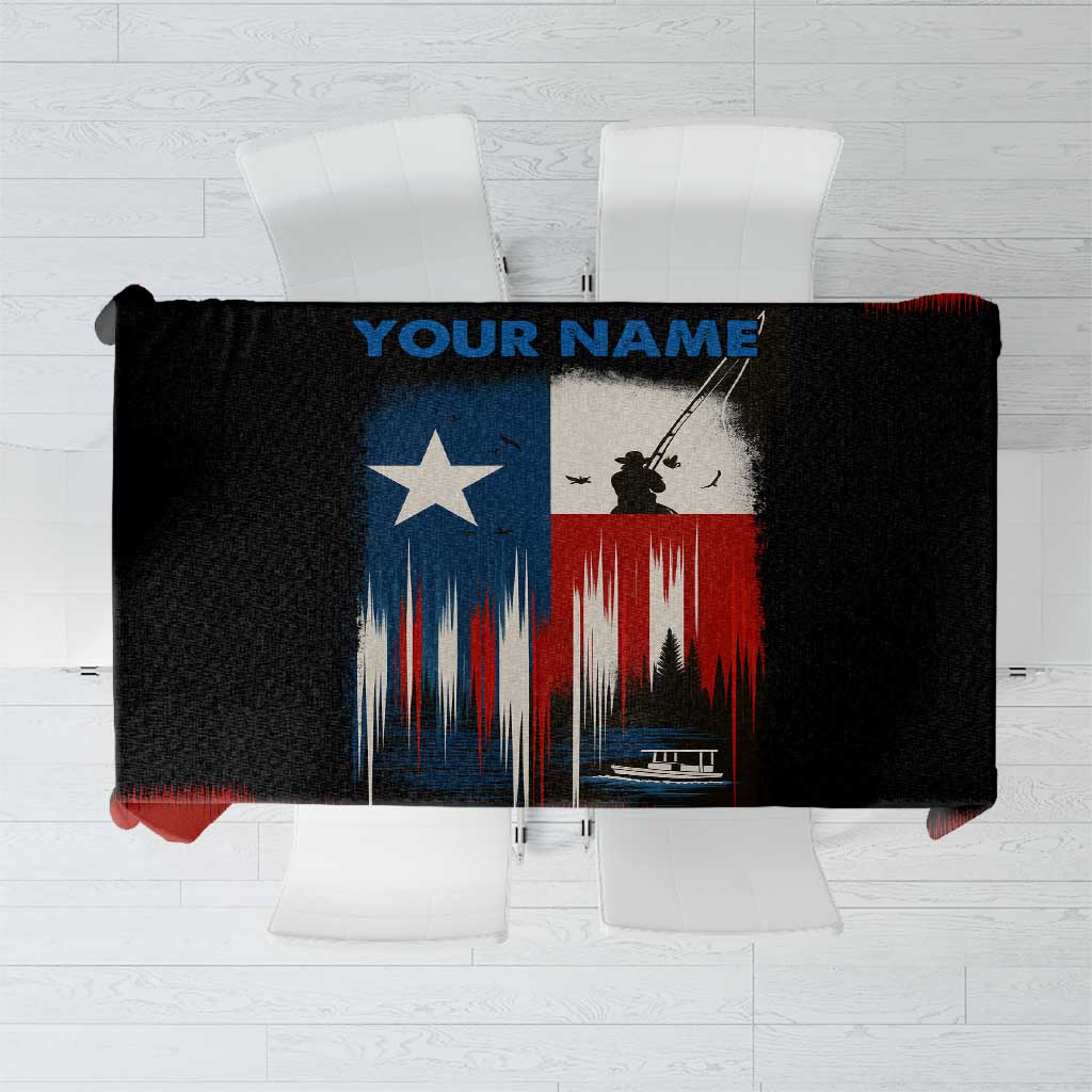 Texas Flag Fishing Tablecloth with Silhouette Fisherman and Rustic Lake Scene in Red White Blue - Wonder Print Shop