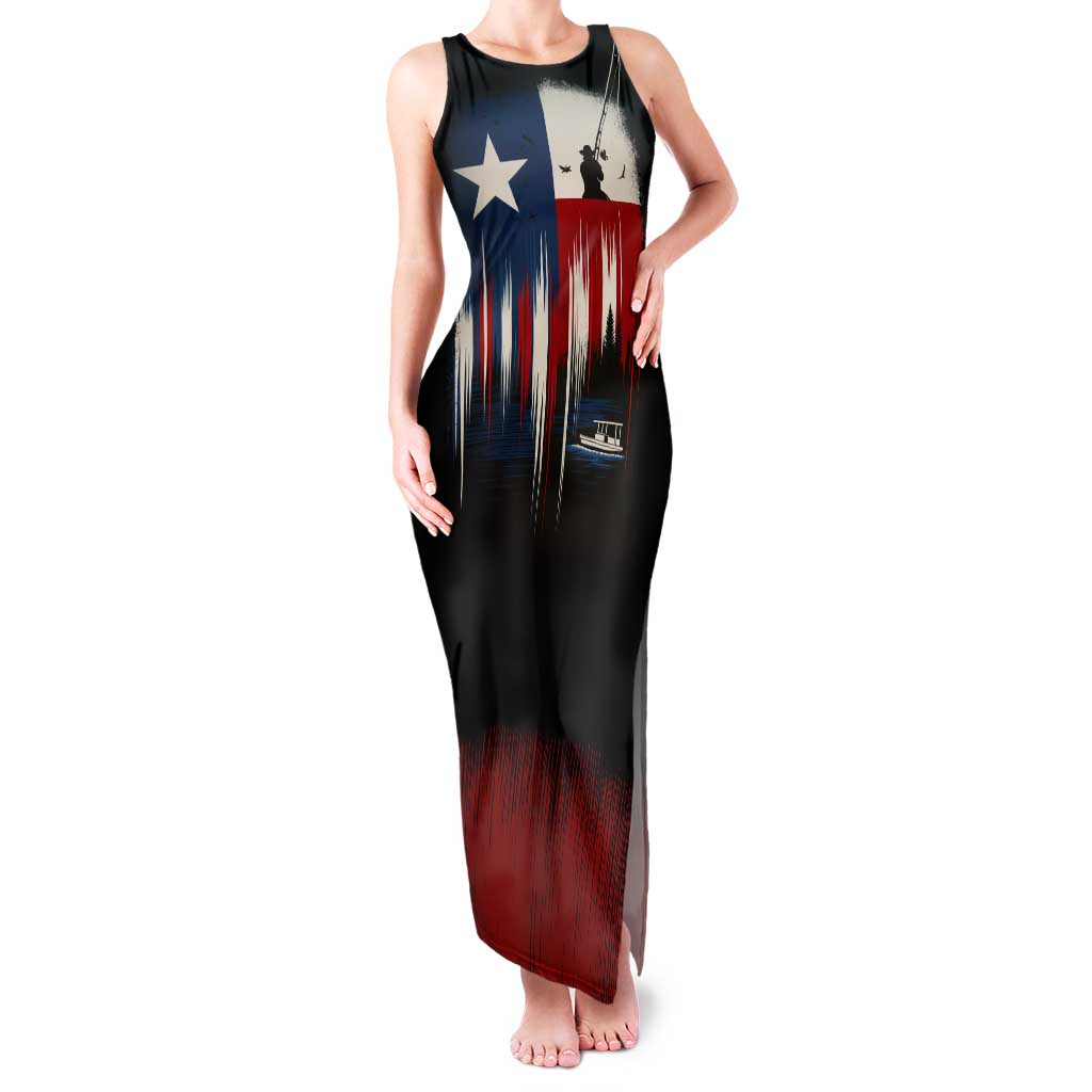 Texas Flag Fishing Tank Maxi Dress with Silhouette Fisherman and Rustic Lake Scene in Red White Blue - Wonder Print Shop