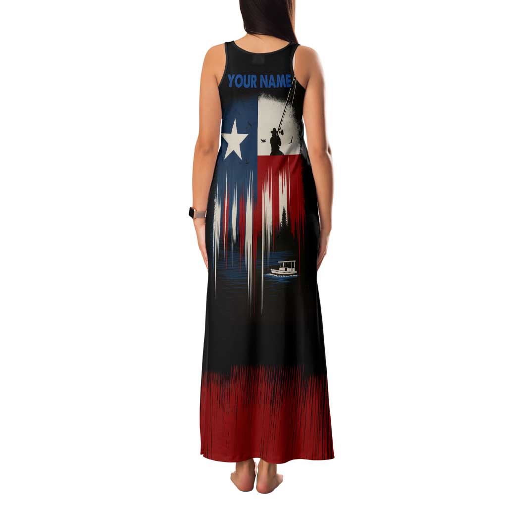Texas Flag Fishing Tank Maxi Dress with Silhouette Fisherman and Rustic Lake Scene in Red White Blue - Wonder Print Shop