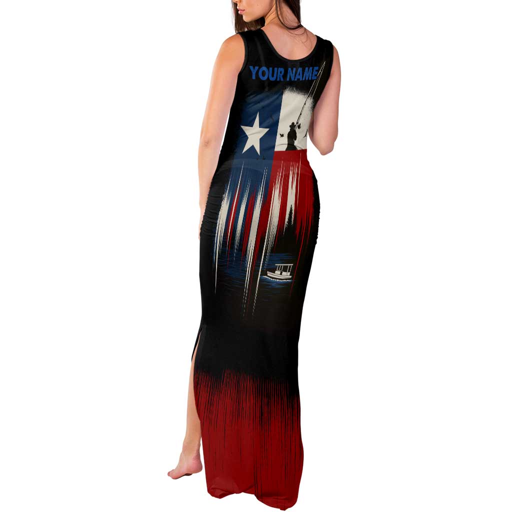 Texas Flag Fishing Tank Maxi Dress with Silhouette Fisherman and Rustic Lake Scene in Red White Blue - Wonder Print Shop