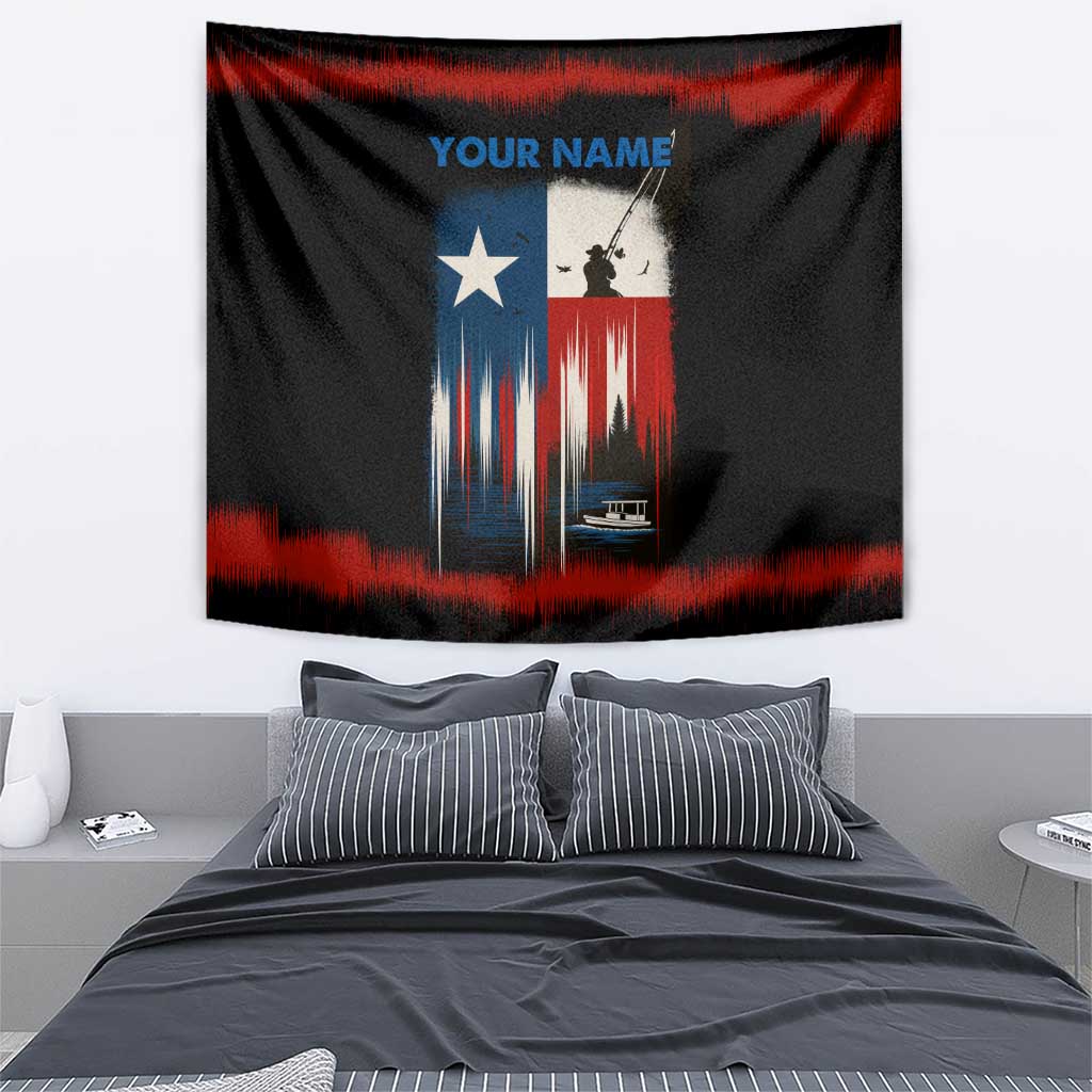 Texas Flag Fishing Tapestry with Silhouette Fisherman and Rustic Lake Scene in Red White Blue - Wonder Print Shop