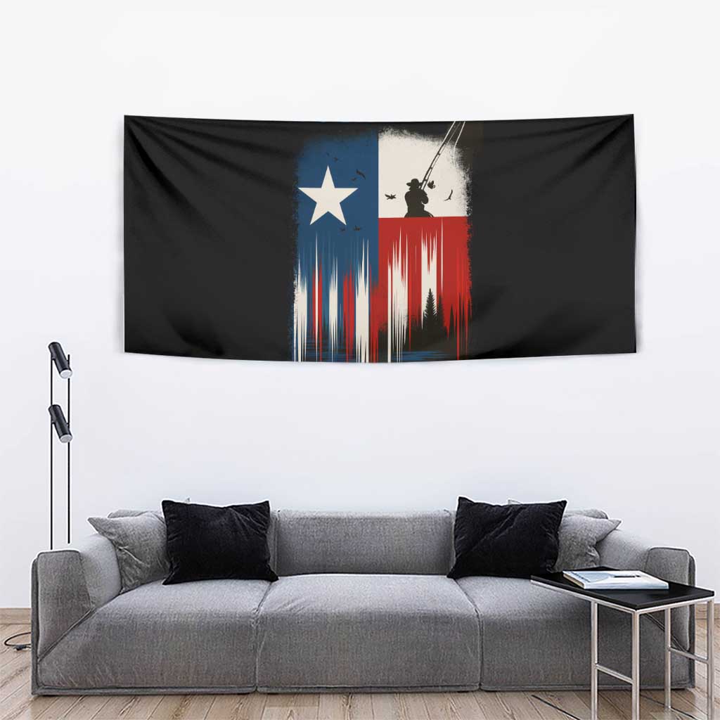 Texas Flag Fishing Tapestry with Silhouette Fisherman and Rustic Lake Scene in Red White Blue - Wonder Print Shop