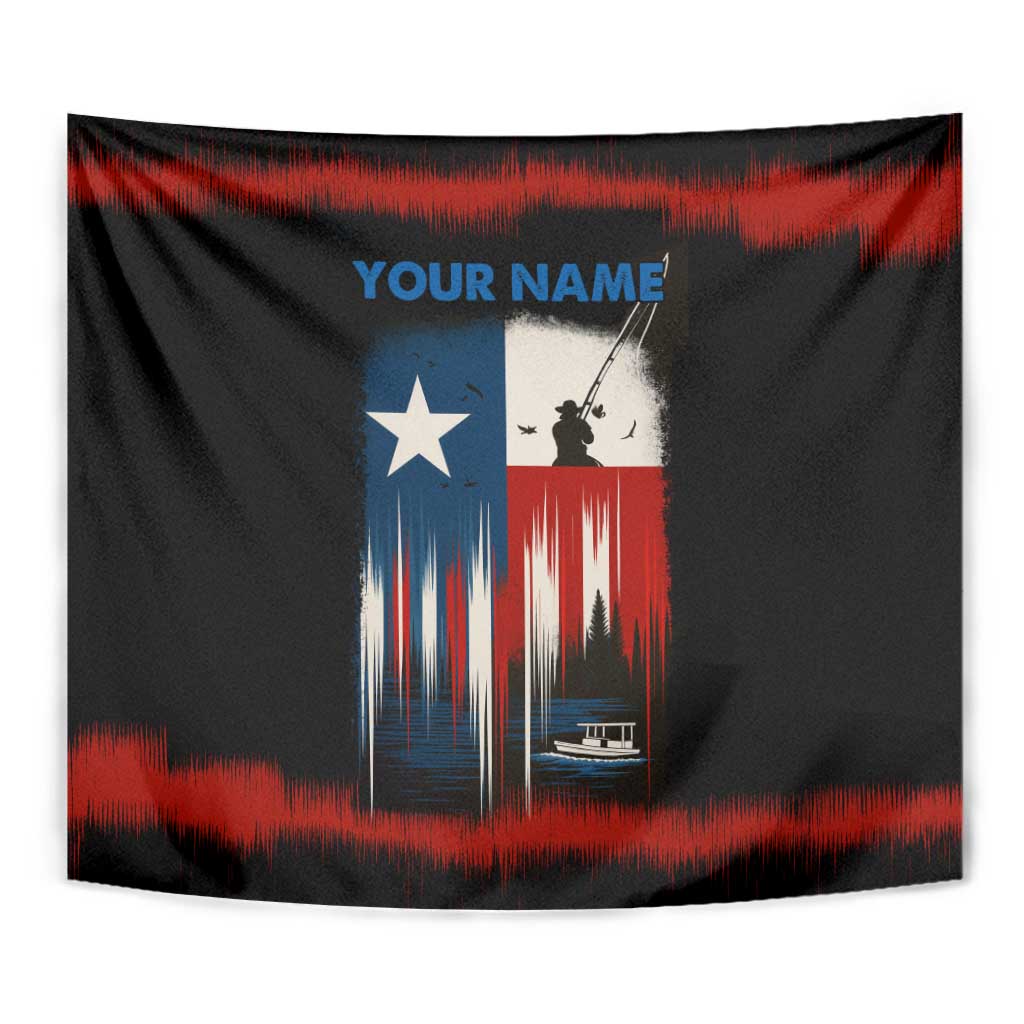 Texas Flag Fishing Tapestry with Silhouette Fisherman and Rustic Lake Scene in Red White Blue - Wonder Print Shop