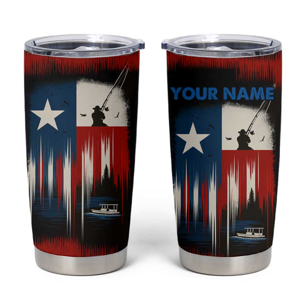 Texas Flag Fishing Tumbler Cup with Silhouette Fisherman and Rustic Lake Scene in Red White Blue - Wonder Print Shop