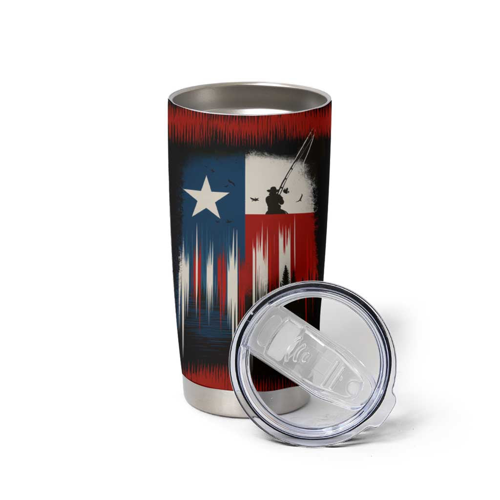 Texas Flag Fishing Tumbler Cup with Silhouette Fisherman and Rustic Lake Scene in Red White Blue - Wonder Print Shop