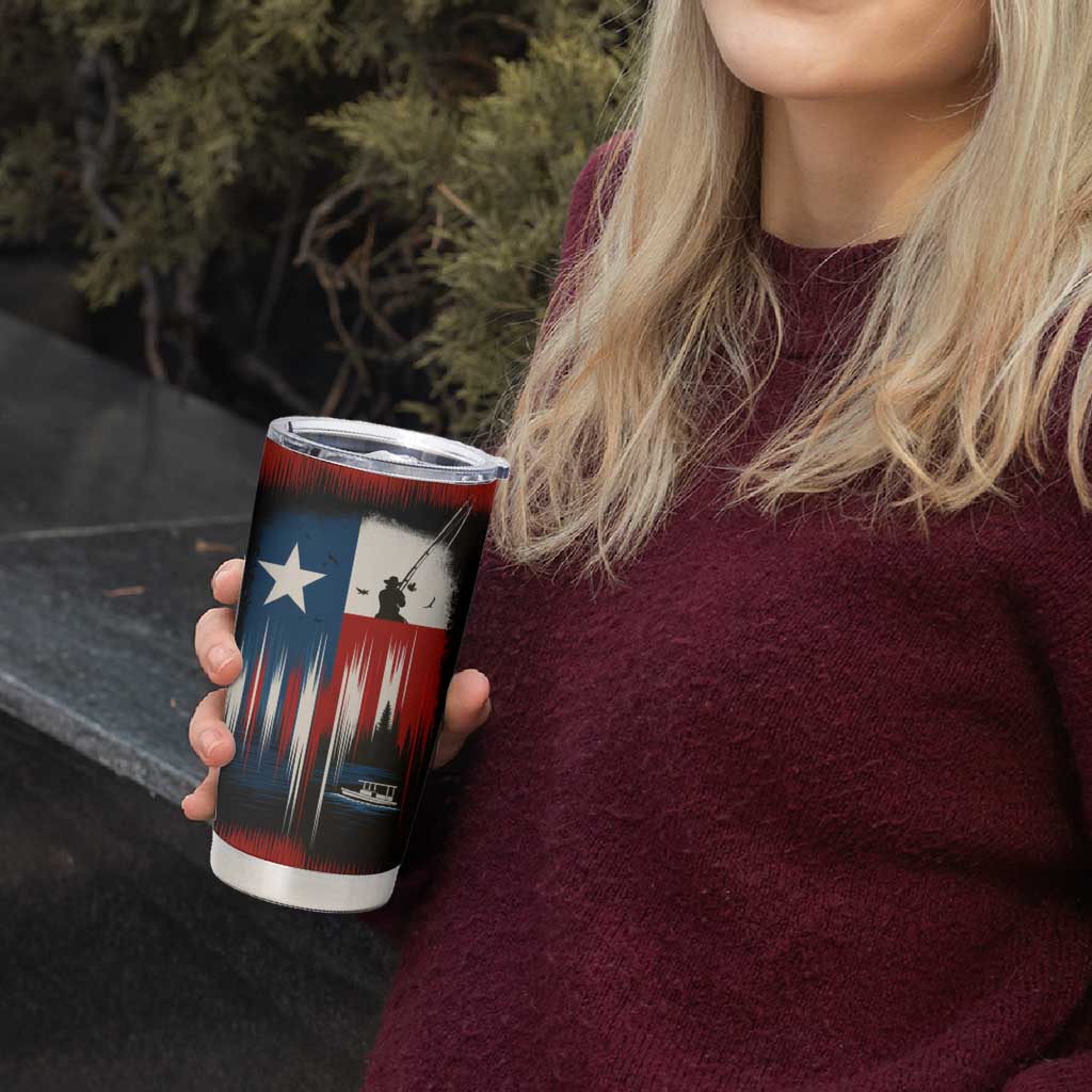 Texas Flag Fishing Tumbler Cup with Silhouette Fisherman and Rustic Lake Scene in Red White Blue - Wonder Print Shop