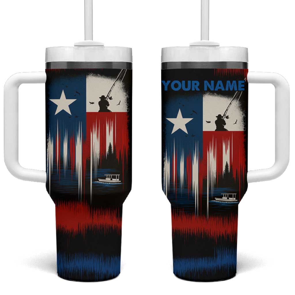 Texas Flag Fishing Tumbler With Handle with Silhouette Fisherman and Rustic Lake Scene in Red White Blue - Wonder Print Shop