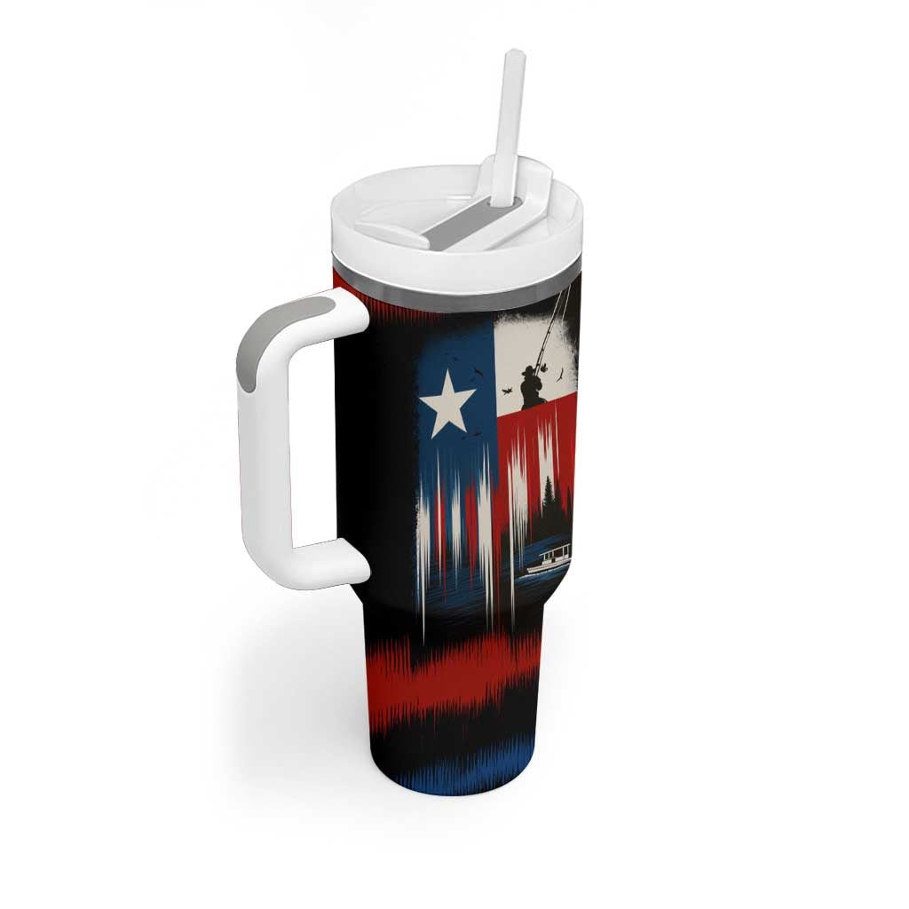 Texas Flag Fishing Tumbler With Handle with Silhouette Fisherman and Rustic Lake Scene in Red White Blue - Wonder Print Shop