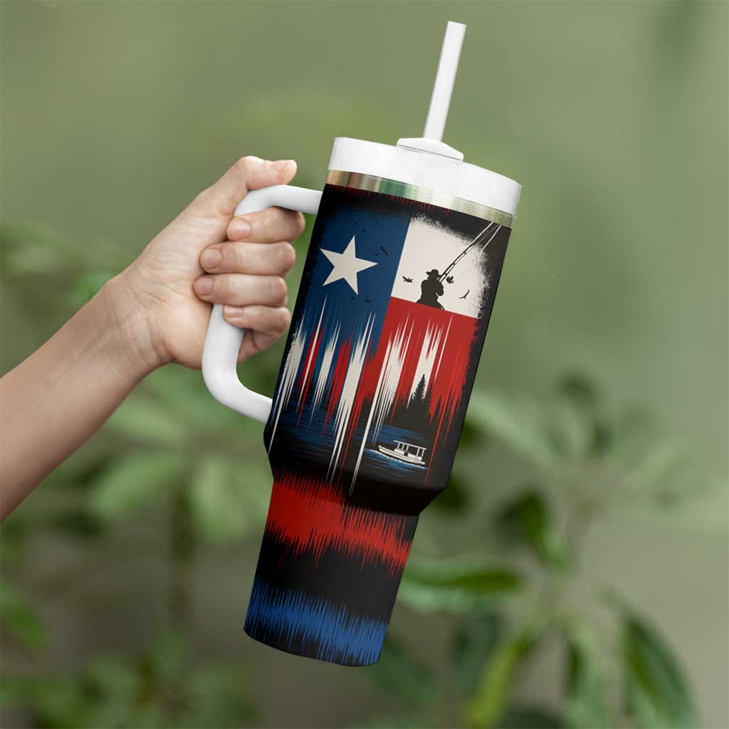 Texas Flag Fishing Tumbler With Handle with Silhouette Fisherman and Rustic Lake Scene in Red White Blue - Wonder Print Shop