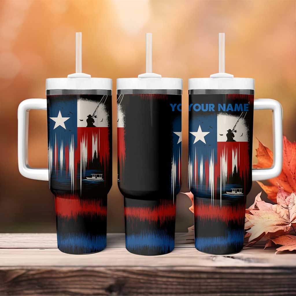 Texas Flag Fishing Tumbler With Handle with Silhouette Fisherman and Rustic Lake Scene in Red White Blue - Wonder Print Shop