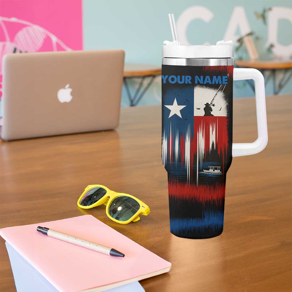 Texas Flag Fishing Tumbler With Handle with Silhouette Fisherman and Rustic Lake Scene in Red White Blue - Wonder Print Shop