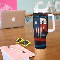 Texas Flag Fishing Tumbler With Handle with Silhouette Fisherman and Rustic Lake Scene in Red White Blue - Wonder Print Shop