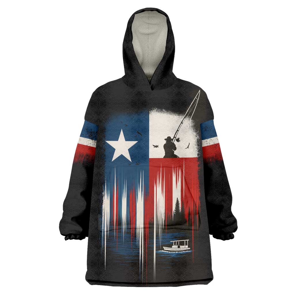 Texas Flag Fishing Wearable Blanket Hoodie with Silhouette Fisherman and Rustic Lake Scene in Red White Blue - Wonder Print Shop