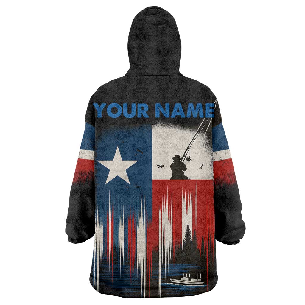 Texas Flag Fishing Wearable Blanket Hoodie with Silhouette Fisherman and Rustic Lake Scene in Red White Blue - Wonder Print Shop