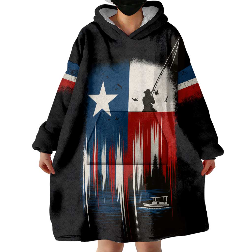 Texas Flag Fishing Wearable Blanket Hoodie with Silhouette Fisherman and Rustic Lake Scene in Red White Blue - Wonder Print Shop