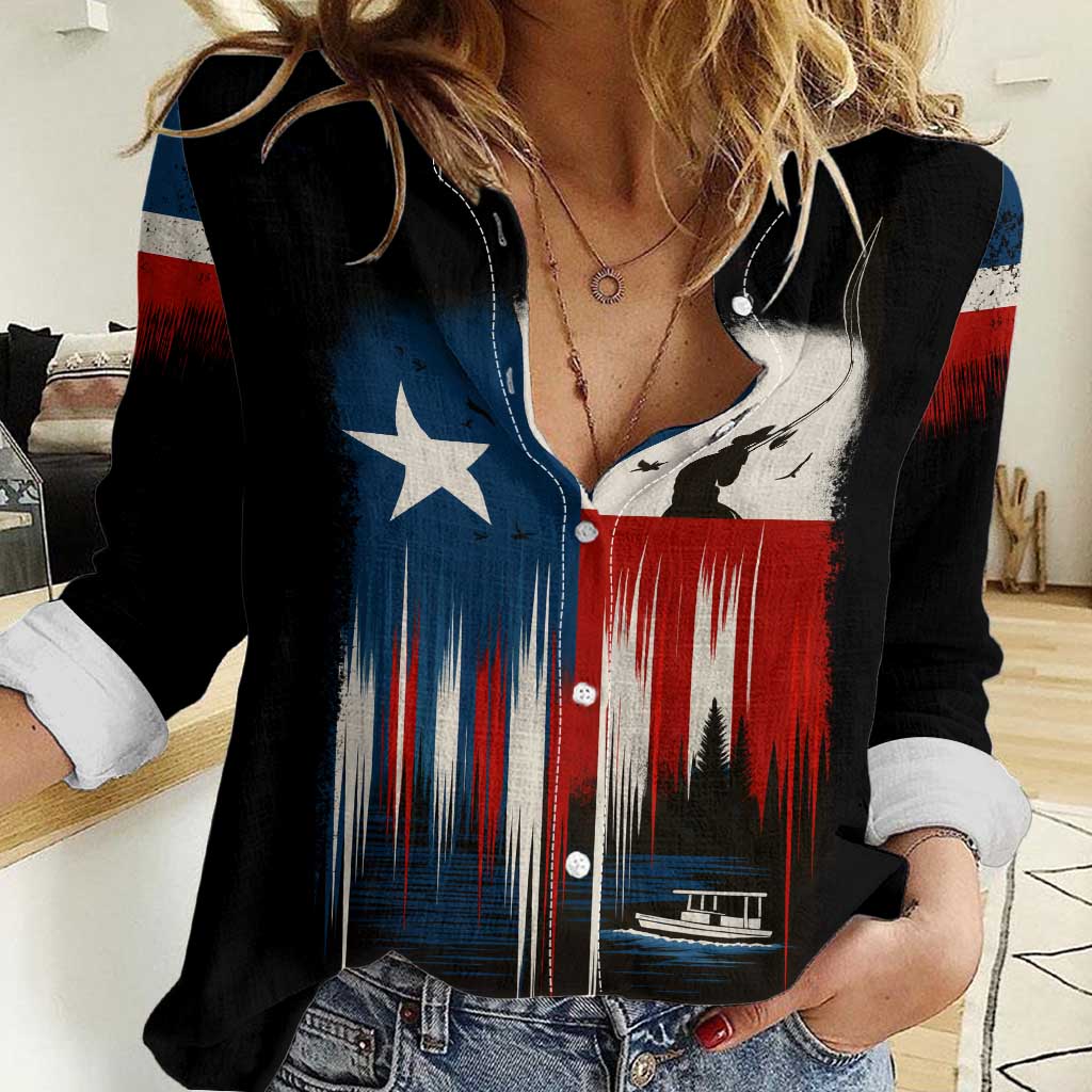Texas Flag Fishing Women Casual Shirt with Silhouette Fisherman and Rustic Lake Scene in Red White Blue - Wonder Print Shop