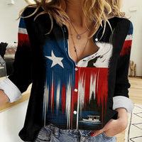 Texas Flag Fishing Women Casual Shirt with Silhouette Fisherman and Rustic Lake Scene in Red White Blue - Wonder Print Shop